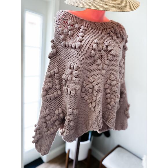 Daydreams & Heartstrings mauve slouchy chunky heart Pom oversized sweater M/L - Picture 5 of 6